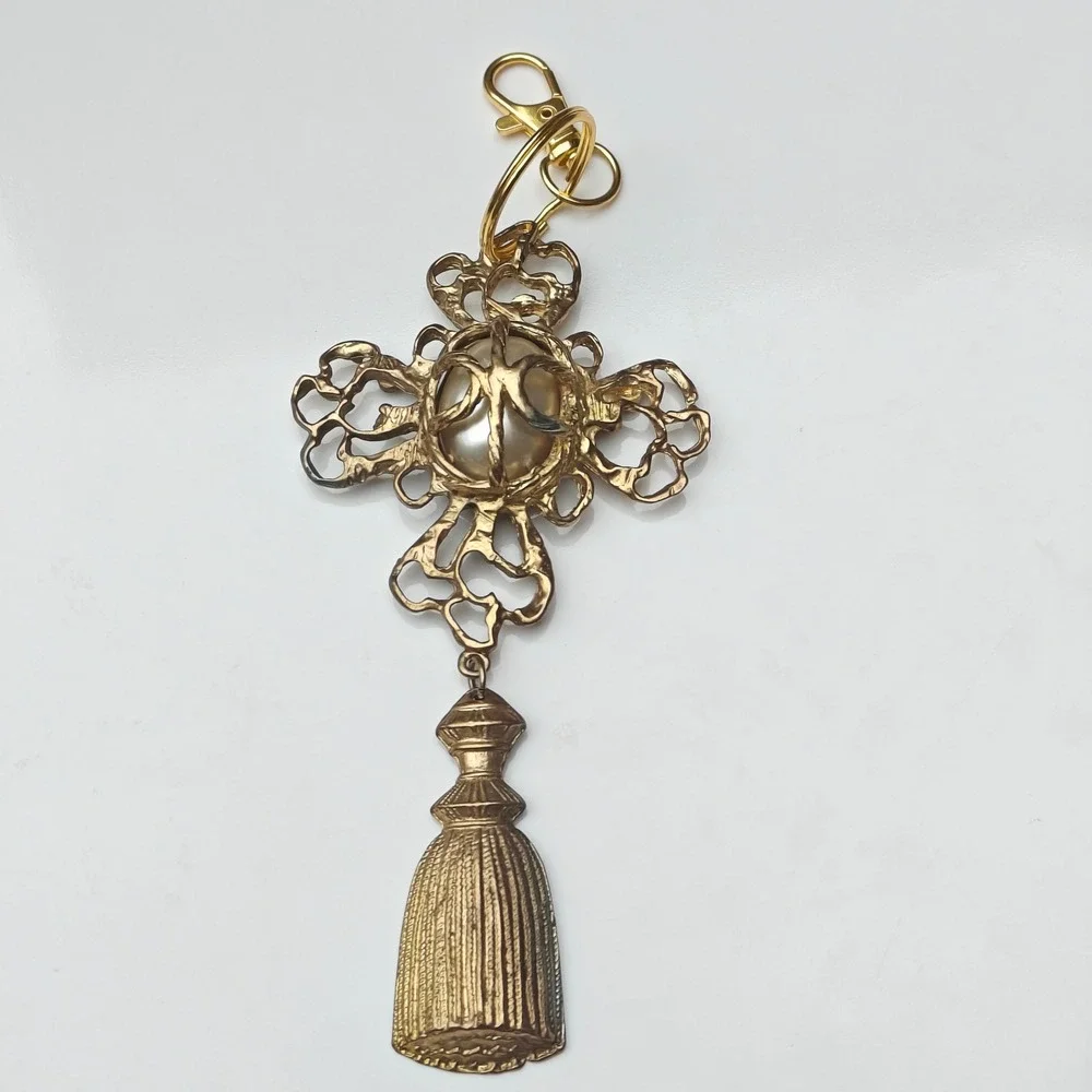 Gold Tone Ornate Filigree Cross Tassel Keychain Faux Pearl Bag Charm Gothic